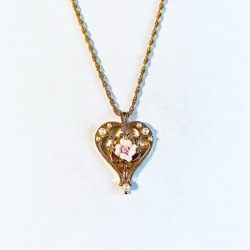 Vintage Avon Heart Pendant with Pink Flower and Faux Pearls Necklace